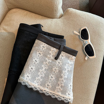 Lace Panel Mini Skirt with High-Rise Mock Two-Piece Design