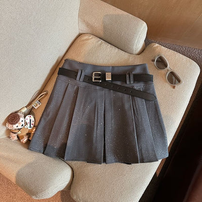 Glitter Pleated Mini Skirt with Waist Belt - A-Line Silhouette