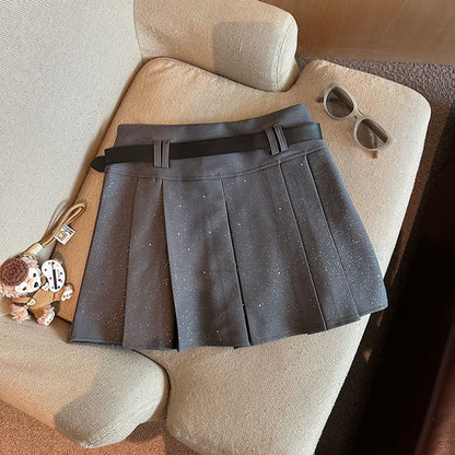 Glitter Pleated Mini Skirt with Waist Belt - A-Line Silhouette