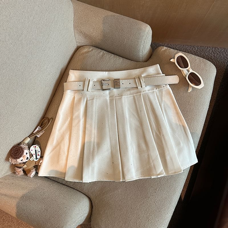 Glitter Pleated Mini Skirt with Waist Belt - A-Line Silhouette