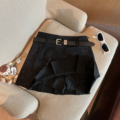 Glitter Pleated Mini Skirt with Waist Belt - A-Line Silhouette