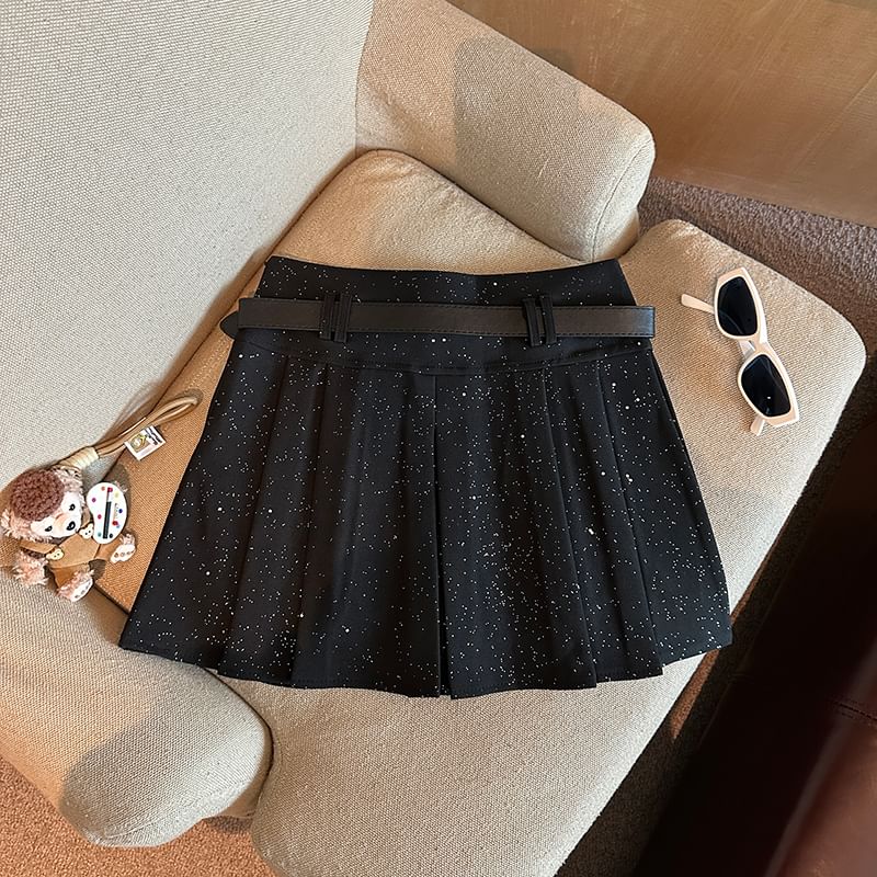 Glitter Pleated Mini Skirt with Waist Belt - A-Line Silhouette