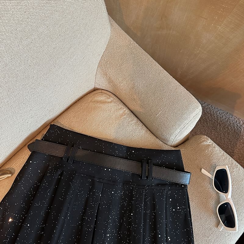 Glitter Pleated Mini Skirt with Waist Belt - A-Line Silhouette