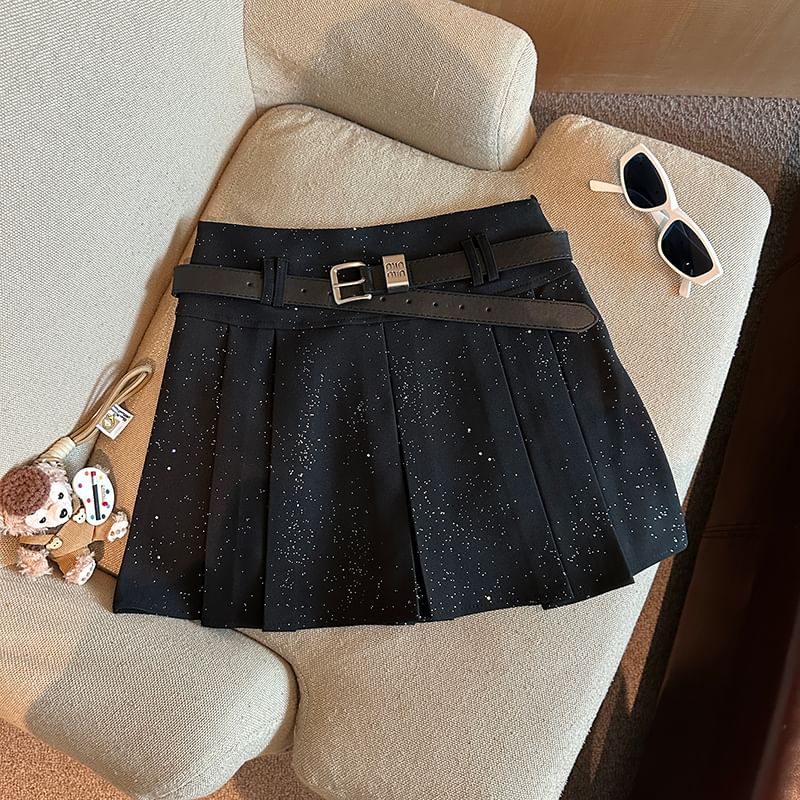 Glitter Pleated Mini Skirt with Waist Belt - A-Line Silhouette