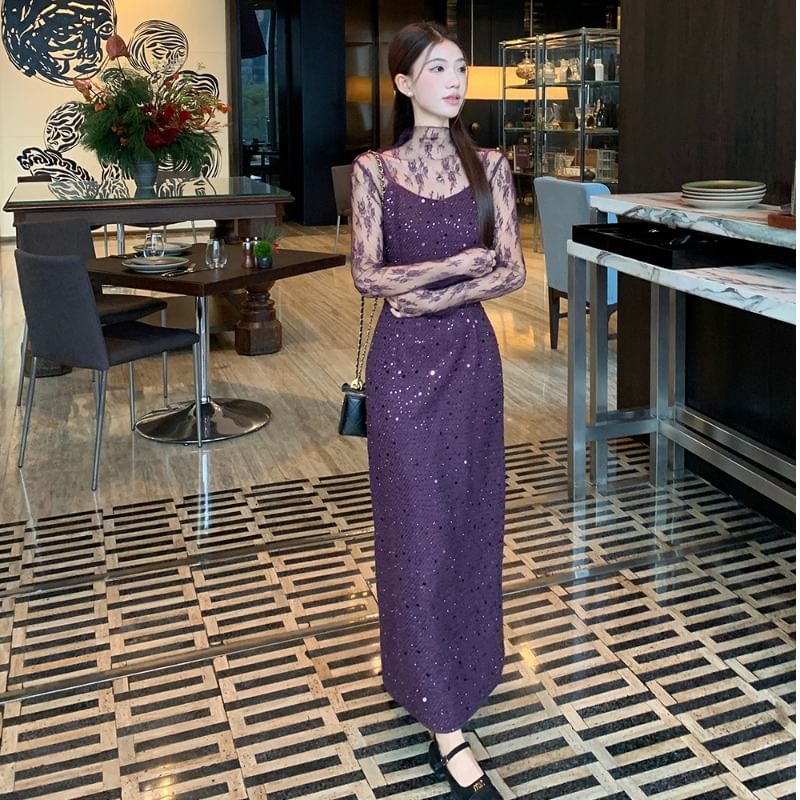 Mock Neck See-Through Lace Top & Sequin Slit Maxi Dress