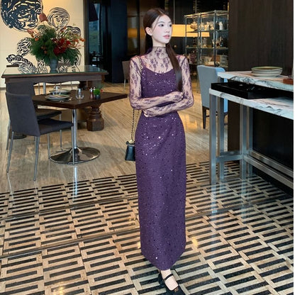 Mock Neck See-Through Lace Top & Sequin Slit Maxi Dress