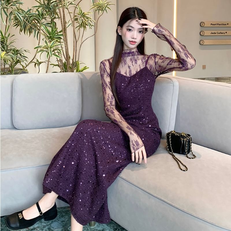 Mock Neck See-Through Lace Top & Sequin Slit Maxi Dress