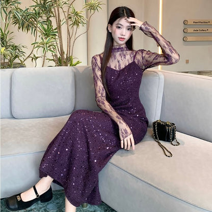 Mock Neck See-Through Lace Top & Sequin Slit Maxi Dress