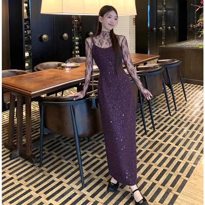 Mock Neck See-Through Lace Top & Sequin Slit Maxi Dress
