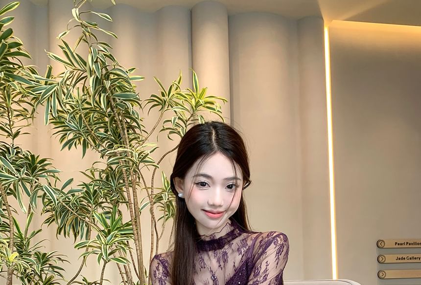 Mock Neck See-Through Lace Top & Sequin Slit Maxi Dress