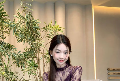 Mock Neck See-Through Lace Top & Sequin Slit Maxi Dress