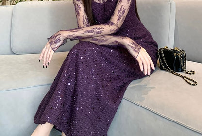 Mock Neck See-Through Lace Top & Sequin Slit Maxi Dress