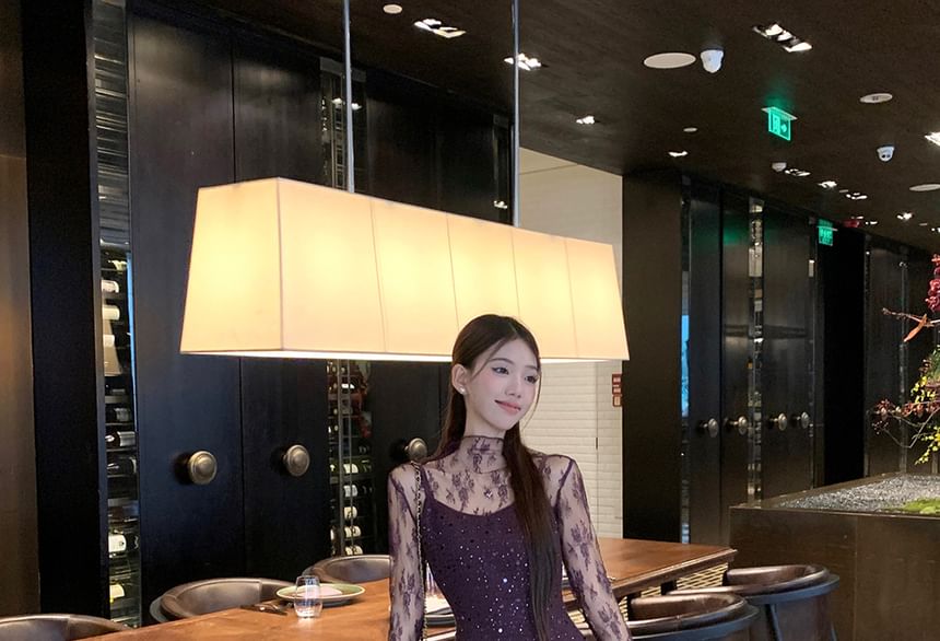 Mock Neck See-Through Lace Top & Sequin Slit Maxi Dress