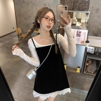 Round Neck Lace Top & Velvet Mini Dungaree Dress Thin Straps