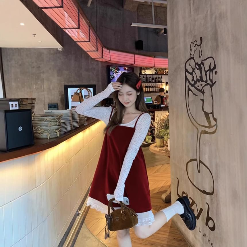 Round Neck Lace Top & Velvet Mini Dungaree Dress Thin Straps
