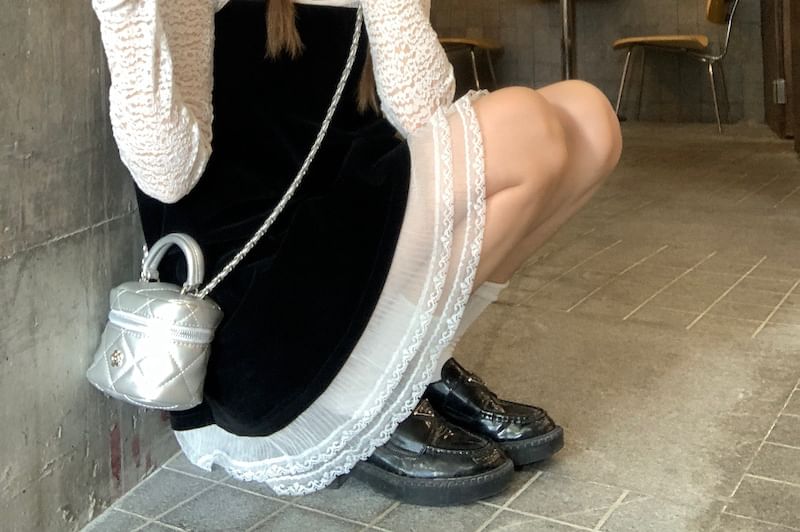 Round Neck Lace Top & Velvet Mini Dungaree Dress Thin Straps