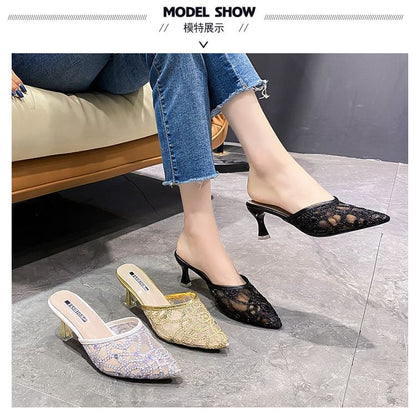 Rhinestone Mesh Pointed Toe Kitten Heel  Mules