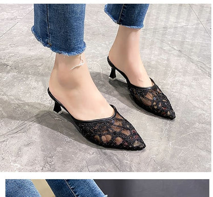Rhinestone Mesh Pointed Toe Kitten Heel  Mules