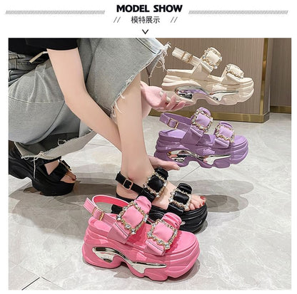 Platform Rhinestone Ruched Sandals