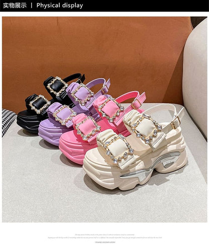 Platform Rhinestone Ruched Sandals