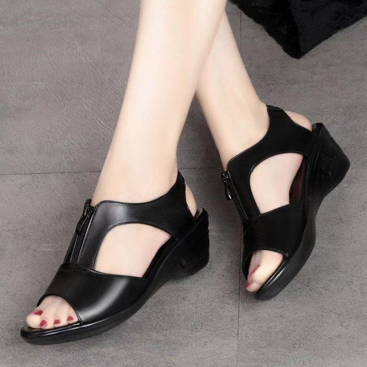 Wedge Heel Plain Zipped Faux Leather Sandals