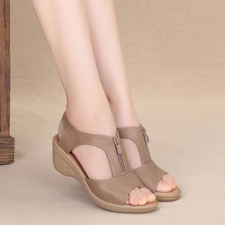 Wedge Heel Plain Zipped Faux Leather Sandals