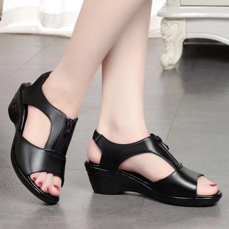 Wedge Heel Plain Zipped Faux Leather Sandals