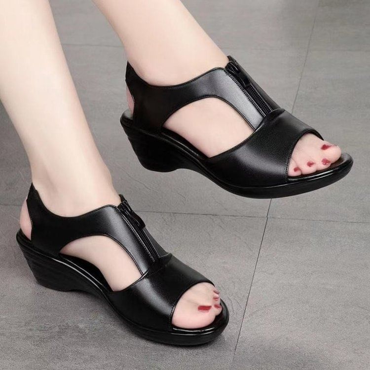 Wedge Heel Plain Zipped Faux Leather Sandals