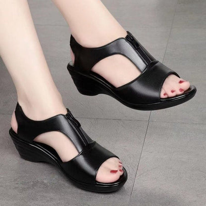 Wedge Heel Plain Zipped Faux Leather Sandals