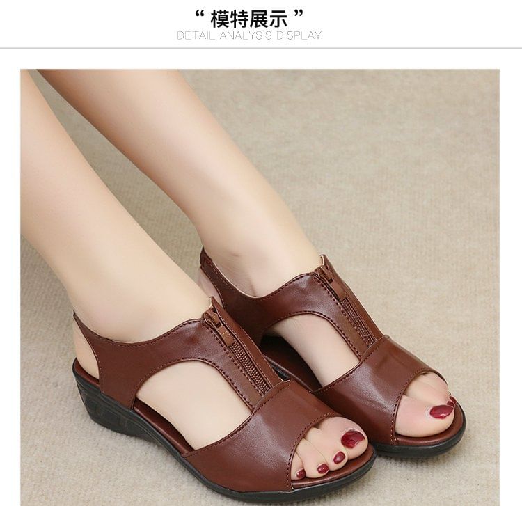 Wedge Heel Plain Zipped Faux Leather Sandals