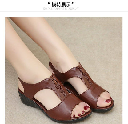 Wedge Heel Plain Zipped Faux Leather Sandals