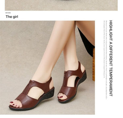 Wedge Heel Plain Zipped Faux Leather Sandals