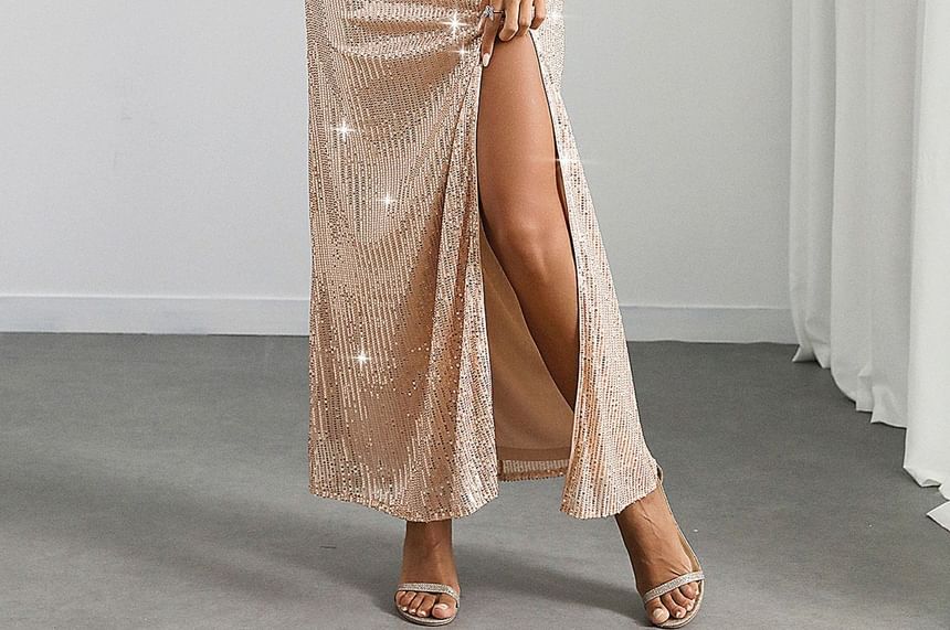 Glitter Sheath Maxi Dress with Spaghetti Straps