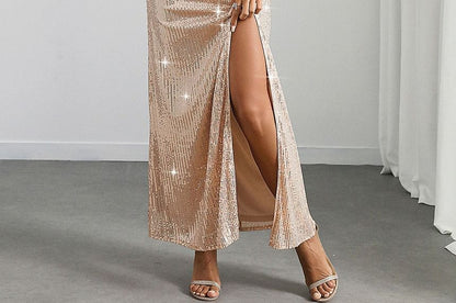 Glitter Sheath Maxi Dress with Spaghetti Straps