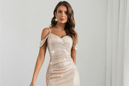 Glitter Sheath Maxi Dress with Spaghetti Straps