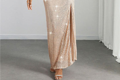 Glitter Sheath Maxi Dress with Spaghetti Straps