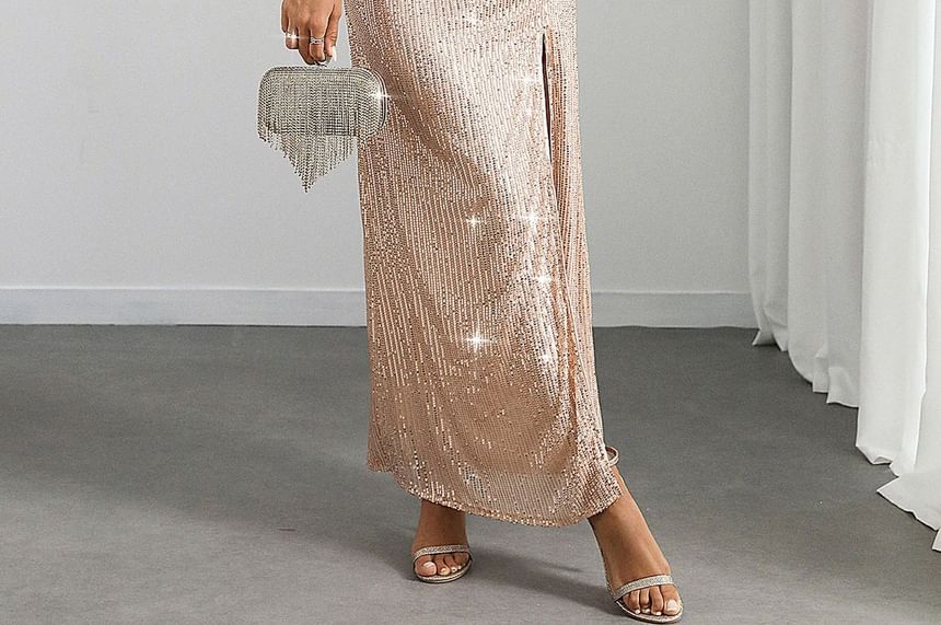 Glitter Sheath Maxi Dress with Spaghetti Straps