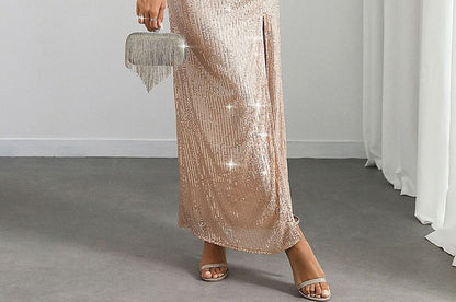 Glitter Sheath Maxi Dress with Spaghetti Straps