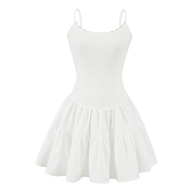 Lace-Trim Slim-Fit Mini A-Line Dress Thin Straps