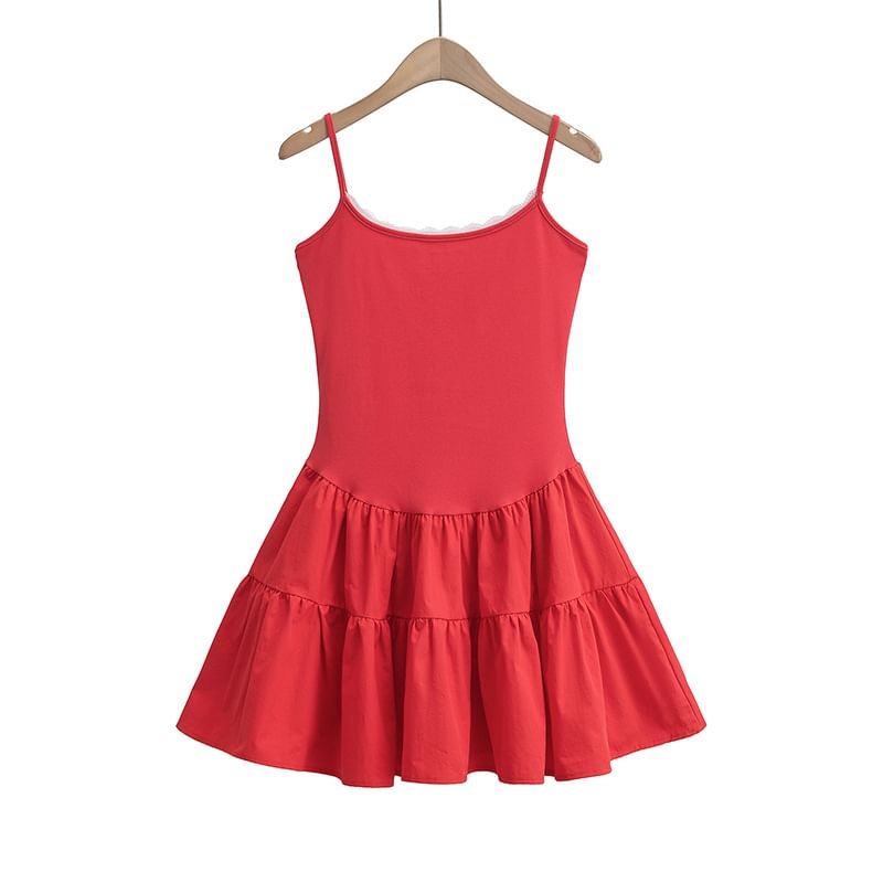 Lace-Trim Slim-Fit Mini A-Line Dress Thin Straps