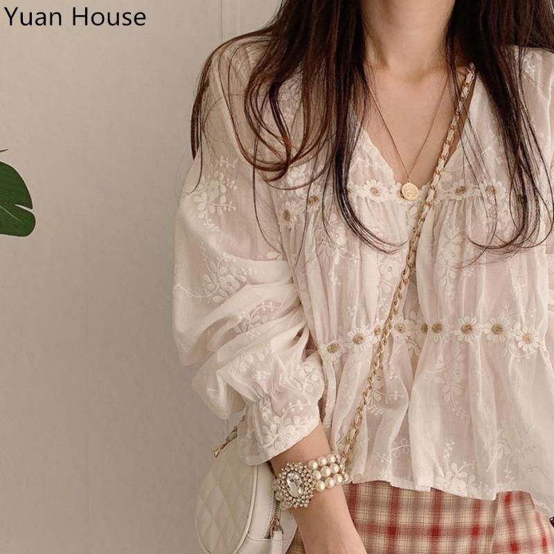 Long Sleeve V-Neck Plain Chiffon Blouse / High Waist Plaid Mini A-Line Skirt