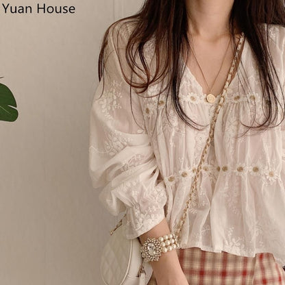 Long Sleeve V-Neck Plain Chiffon Blouse / High Waist Plaid Mini A-Line Skirt