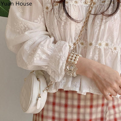 Long Sleeve V-Neck Plain Chiffon Blouse / High Waist Plaid Mini A-Line Skirt