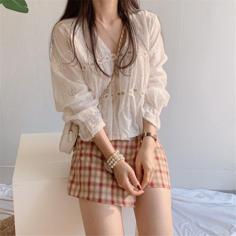Long Sleeve V-Neck Plain Chiffon Blouse / High Waist Plaid Mini A-Line Skirt