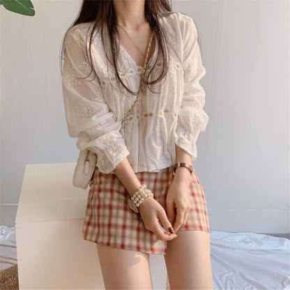 Long Sleeve V-Neck Plain Chiffon Blouse / High Waist Plaid Mini A-Line Skirt