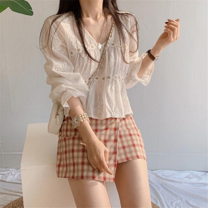 Long Sleeve V-Neck Plain Chiffon Blouse / High Waist Plaid Mini A-Line Skirt