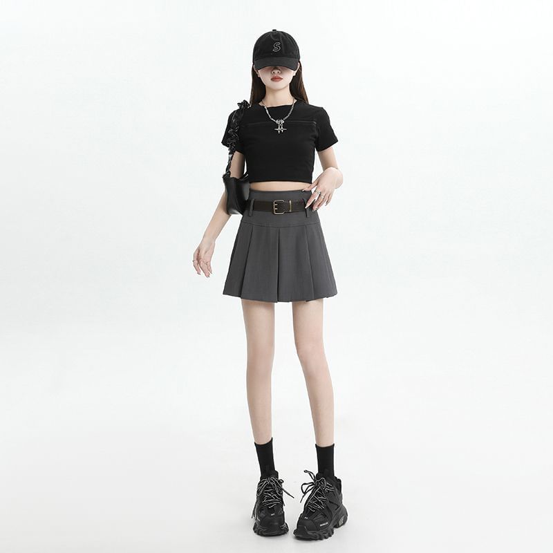 Pleated Mini Skirt with Belt - High Waist Set