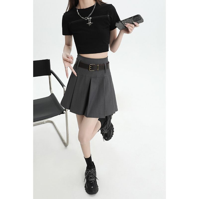Pleated Mini Skirt with Belt - High Waist Set