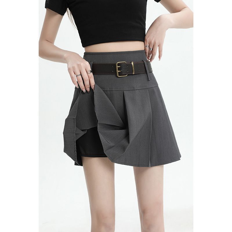 Pleated Mini Skirt with Belt - High Waist Set