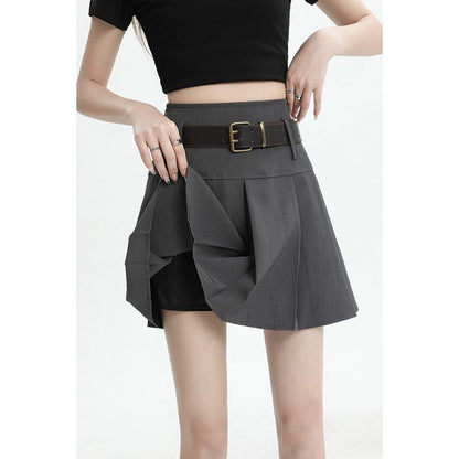 Pleated Mini Skirt with Belt - High Waist Set